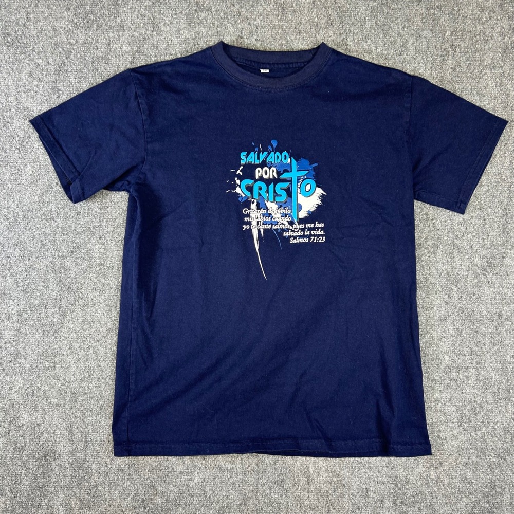 Salvado Por Cristo Spanish Christian Graphic T-Shirt Navy Blue XL Salmos 71:23
